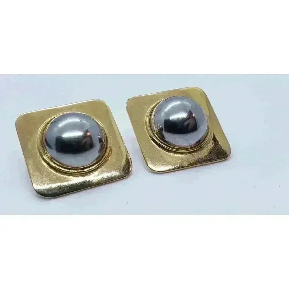 Vintage Clip Earrings Big Gold Square with Silver Cabochon Center REtro 50s Era - Picture 5 of 6